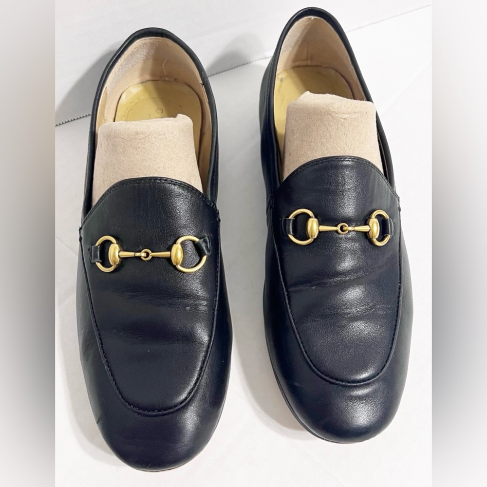 GUCCI Calfskin Jordaan Black Leather Loafers Horsebit Gold Hardware Size 38 - Picture 2 of 10